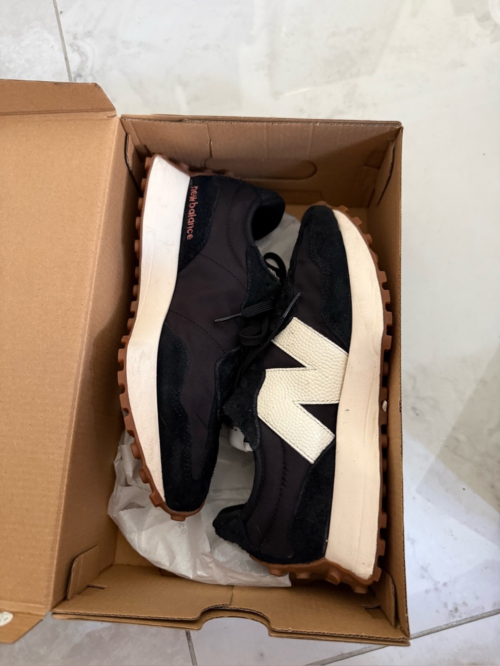 Balance 327 Women's Black Cream Sneakers with Gum Sole